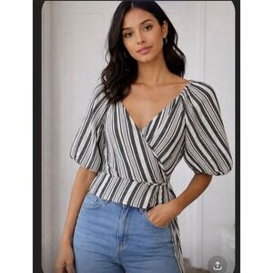 Old Navy Women Black White Striped Puff Sleeve Wrap Top Smocked Back Large